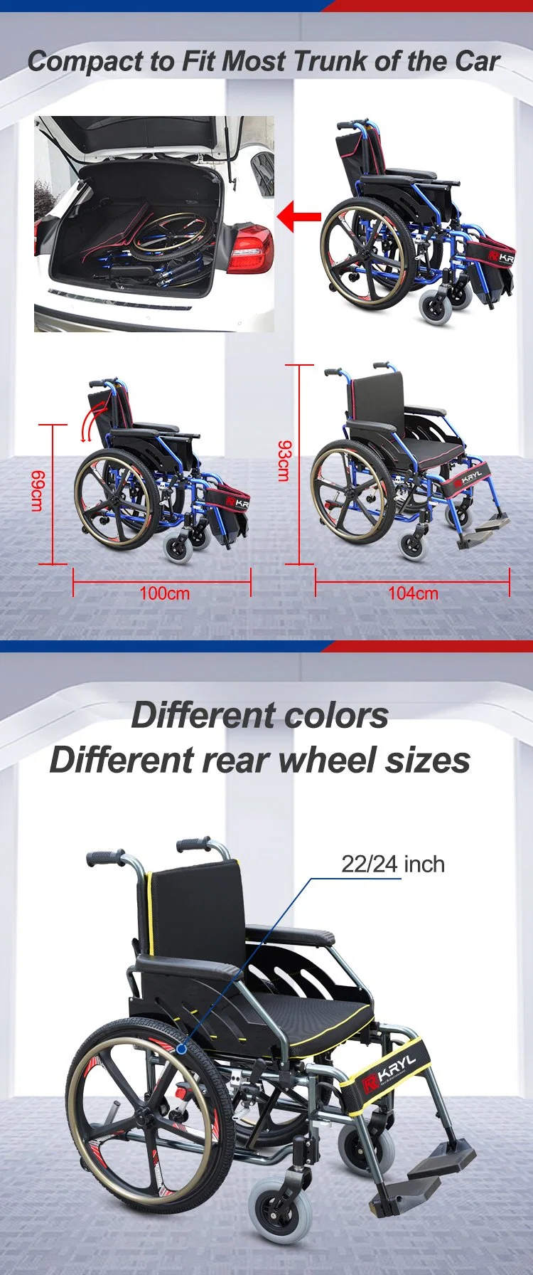 Magnesium Alloy 22/24 Inch Wheel Folding Aluminum Manual Wheelchair Medical Products Steel Wheelchair Easy to Maneuver Disability Products for Disabled People